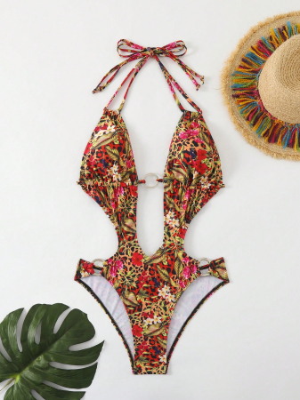 Costum de baie intreg, cu aspect floral si spatele gol [6]