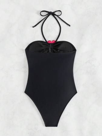 Costum de baie intreg, cu decupaje si flori 3D [3]