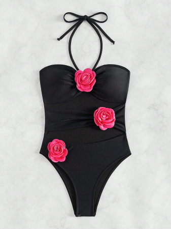 Costum de baie intreg, cu decupaje si flori 3D [5]