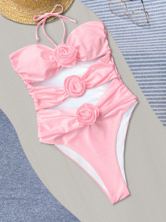 Costum de baie intreg, cu decupaje si trandafiri decorativi [5]