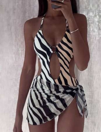 Costume de baie - Costum de baie intreg cu pareo si model print