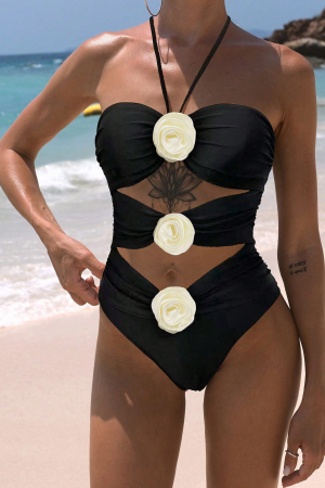 Costum de baie intreg, negru, cu decupaje si trandafiri 3D [2]