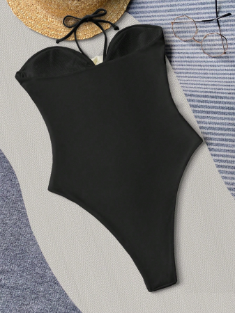 Costum de baie intreg, negru, cu decupaje si trandafiri 3D [4]