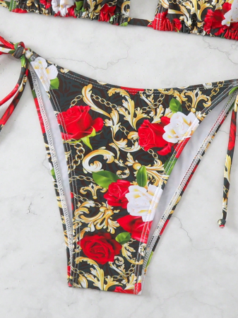 Costum de baie multicolor, din 3 piese, cu imprimeu floral [4]