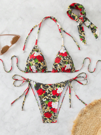 Costum de baie multicolor, din 3 piese, cu imprimeu floral [3]