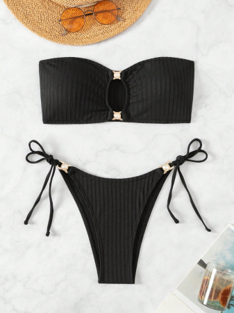 Costum de baie, negru,  din 2 piese, cu aplicatii metalice [3]