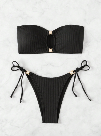 Costum de baie, negru,  din 2 piese, cu aplicatii metalice [2]