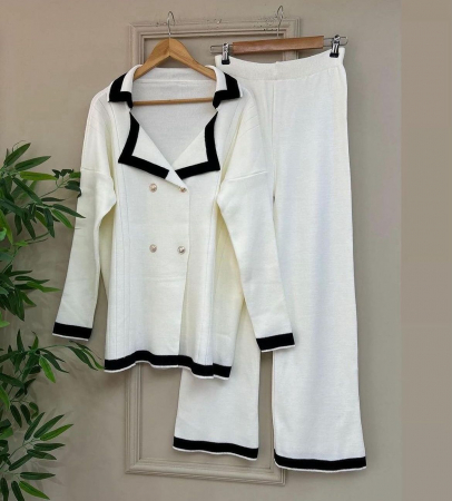 Costum din 2 piese bluza si pantaloni evazati, alb [4]