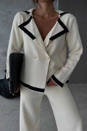 Costum din 2 piese bluza si pantaloni evazati, alb [2]
