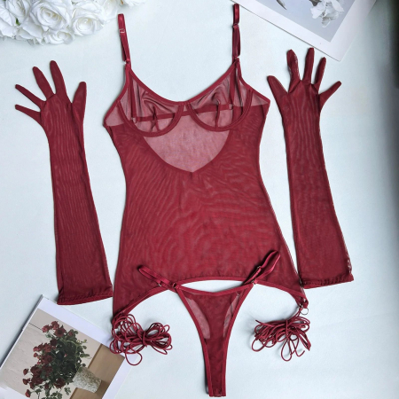 Lenjerie intima 4 piese, burgundy, cu manusi [6]