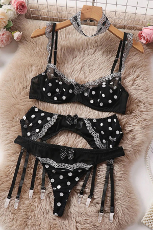 Lenjerie intima cu 4 piese, din dantela si buline [3]