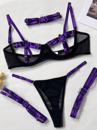 Lenjerie intima din 4 piese, cu decupaj, mov [2]