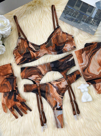 Lenjerie intima din 5 piese, cu imprimeu marble [5]
