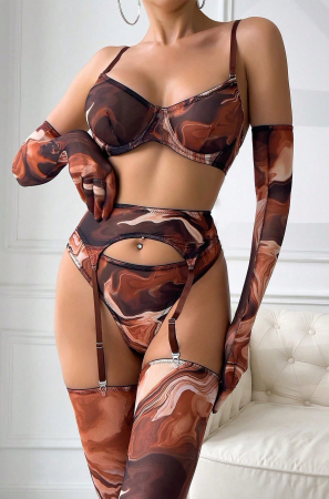 Set lenjerie 5 piese - Lenjerie intima din 5 piese, cu imprimeu marble
