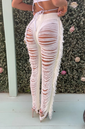 Pantaloni de plaja cu franjuri, alb [0]