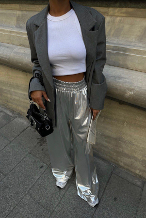 Signature Style - Pantaloni largi argintii cu elastic in talie