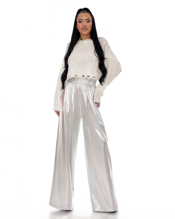 Essence of Spring - Pantaloni largi argintii cu elastic in talie