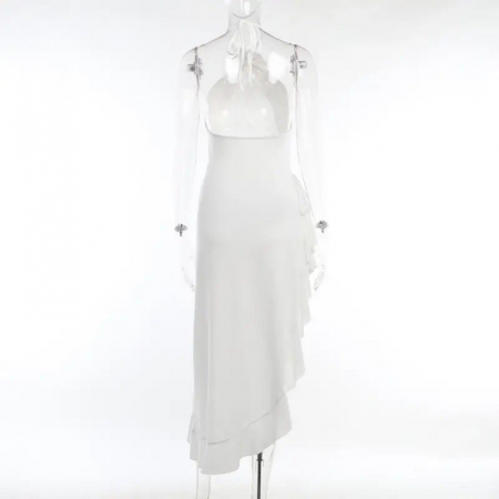 Rochie lunga cu volane si despicatura pe picior. Detaliu floare in partea de sus. [5]