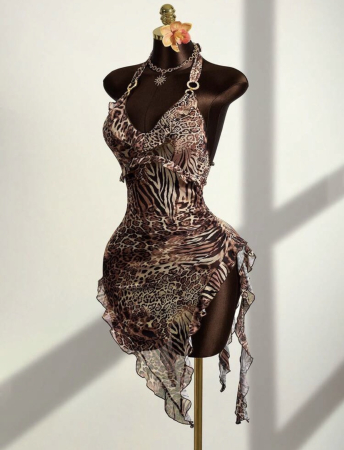 Costume de baie - Rochie de plaja scurta, cu volane si imprimeu