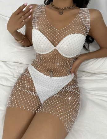Rochie de plaja scurta, cu model plasa si strasuri [2]