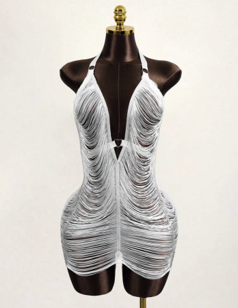 Costume de baie - Rochie de plaja scurta, cu franjuri, alb