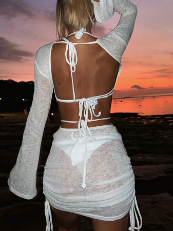 Rochie de plaja scurta cu snur reglabil, spatele gol si maneci lungi [2]