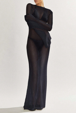 Rochie lunga de plaja neagra cu spatele gol, din material tricotat [4]
