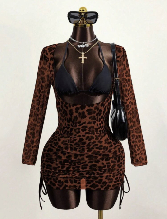 Costume de baie - Rochie de plaja scurta, cu snur si imprimeu