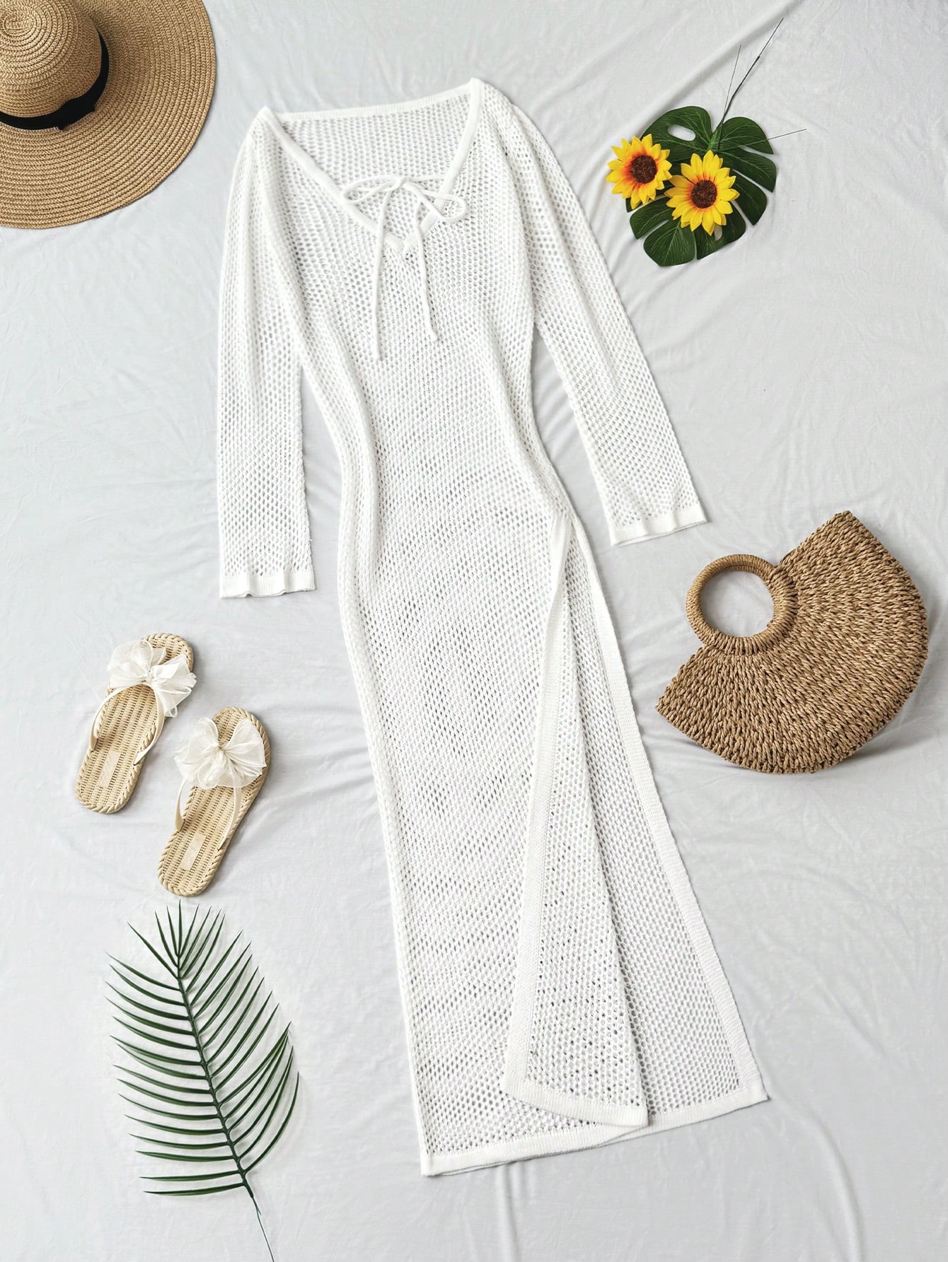 Rochie lunga de plaja, din material tricotat, alb, cu snur [5]