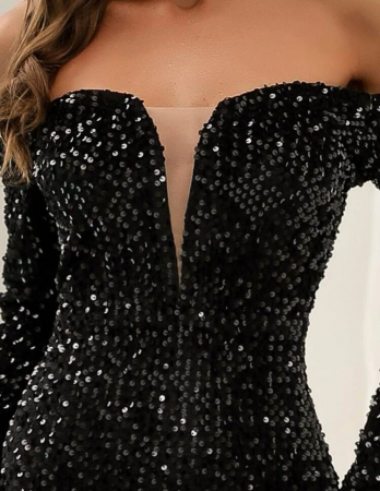 Rochie lunga din paiete crapata pe picior, negru [2]