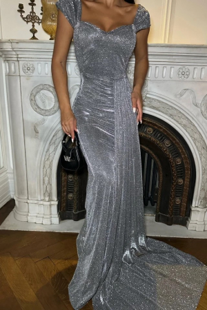 Rochii - Rochie lunga eleganta cu aspect stralucitor, argintiu