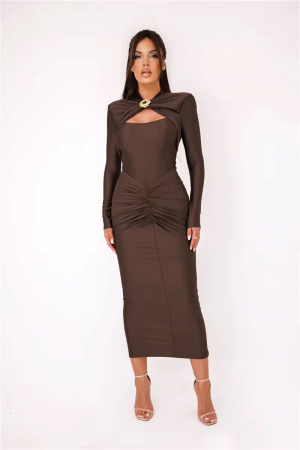 Rochie lunga eleganta cu maneca lunga, maro [2]