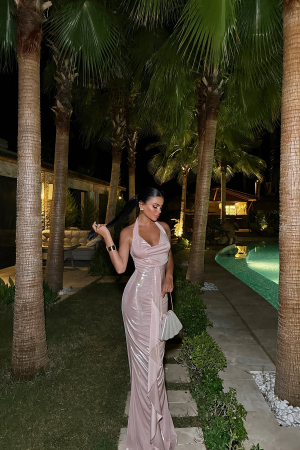 Rochie Lunga Roz Metalizat cu Volane Frontale [1]