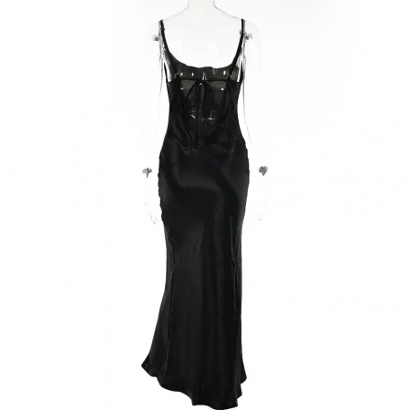 Rochie lunga satinata cu spatele gol si decolteu drapat, negru [3]