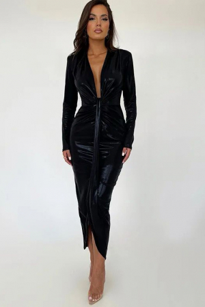 Rochie midi eleganta cu maneci lungi si aspect stralucitor [8]