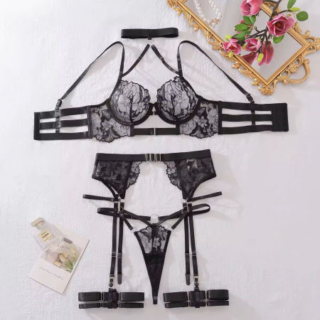 Set de lenjerie intima 4 piese, negru cu bretele reglabile [3]