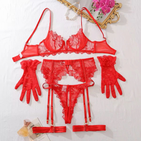 Set de lenjerie intima 5 piese, din dantela rosie [6]