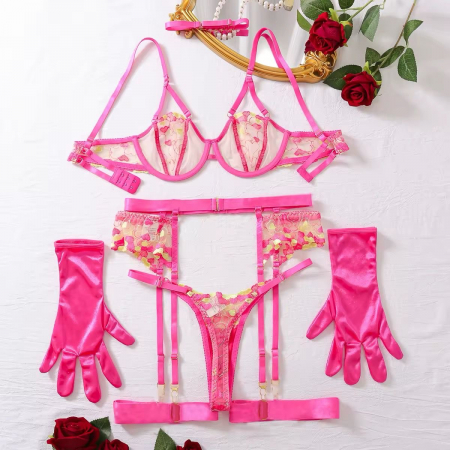 Set de lenjerie intima 5 piese, fucsia cu dantela [3]