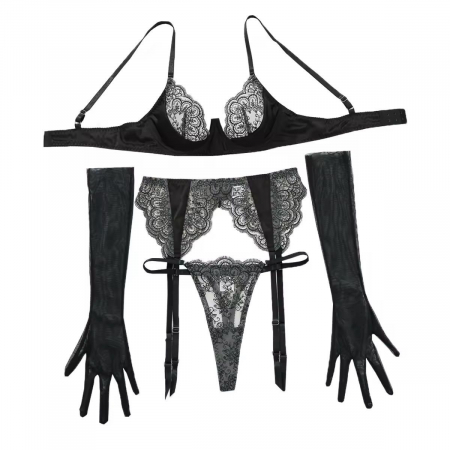 Set de lenjerie intima 4 piese, din dantela cu manusi [3]