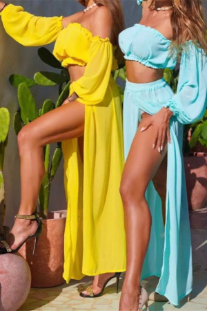 Set de plaja cu fusta decupata si top cu maneca lunga bufanta [1]