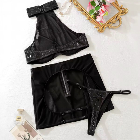 Set lenjerie intima 3 piese din Piele Eco, NEGRU [7]