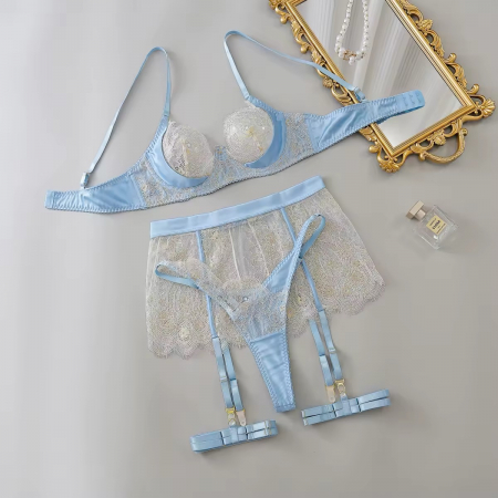 Set lenjerie intimă bleu din satin și dantelă albă – 4 piese [6]