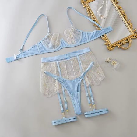 Set lenjerie intimă bleu din satin și dantelă albă – 4 piese [5]