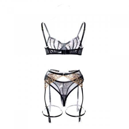 Set lenjerie intimă  3 piese – Negru cu Inserții Aurii [7]