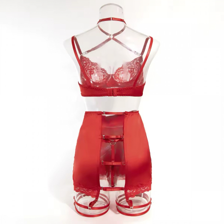 Set lenjerie intimă roșu din satin și dantelă – 5 piese [4]