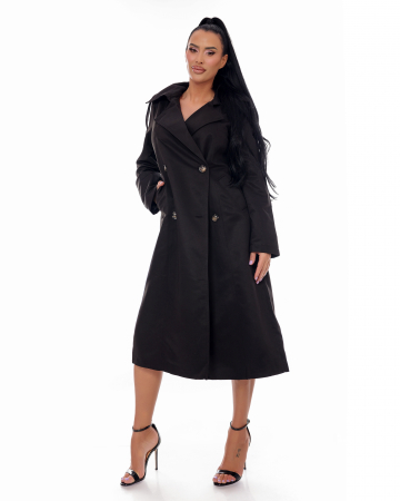 Trench lung negru casual cu nasturi si cordon in talie. [3]