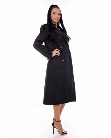 Trench lung negru casual cu nasturi si cordon in talie. [1]