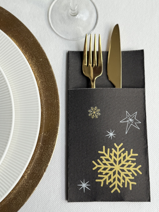 Servetele cu BUZUNAR pentru tacamuri - Snowflakes (Black) / 40 x 40 cm / 20 buc [3]