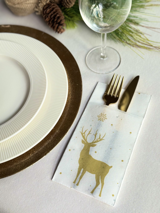 Servetele cu BUZUNAR pentru tacamuri - Softpoint Deer (White-Gold) / 40 x 40 cm / 20 buc [1]