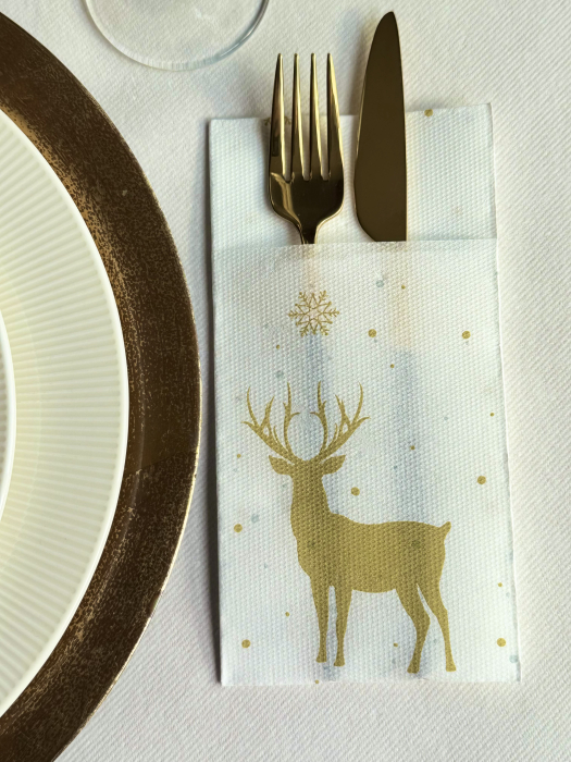 Servetele cu BUZUNAR pentru tacamuri - Softpoint Deer (White-Gold) / 40 x 40 cm / 20 buc [3]